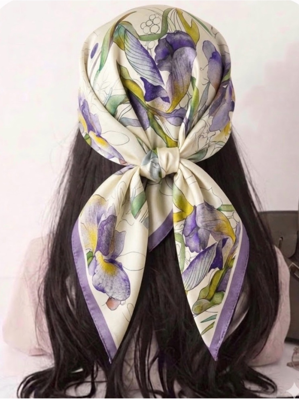 Floral Silky Headscarf in Cream and Purple - Elegant Women’s Accessory